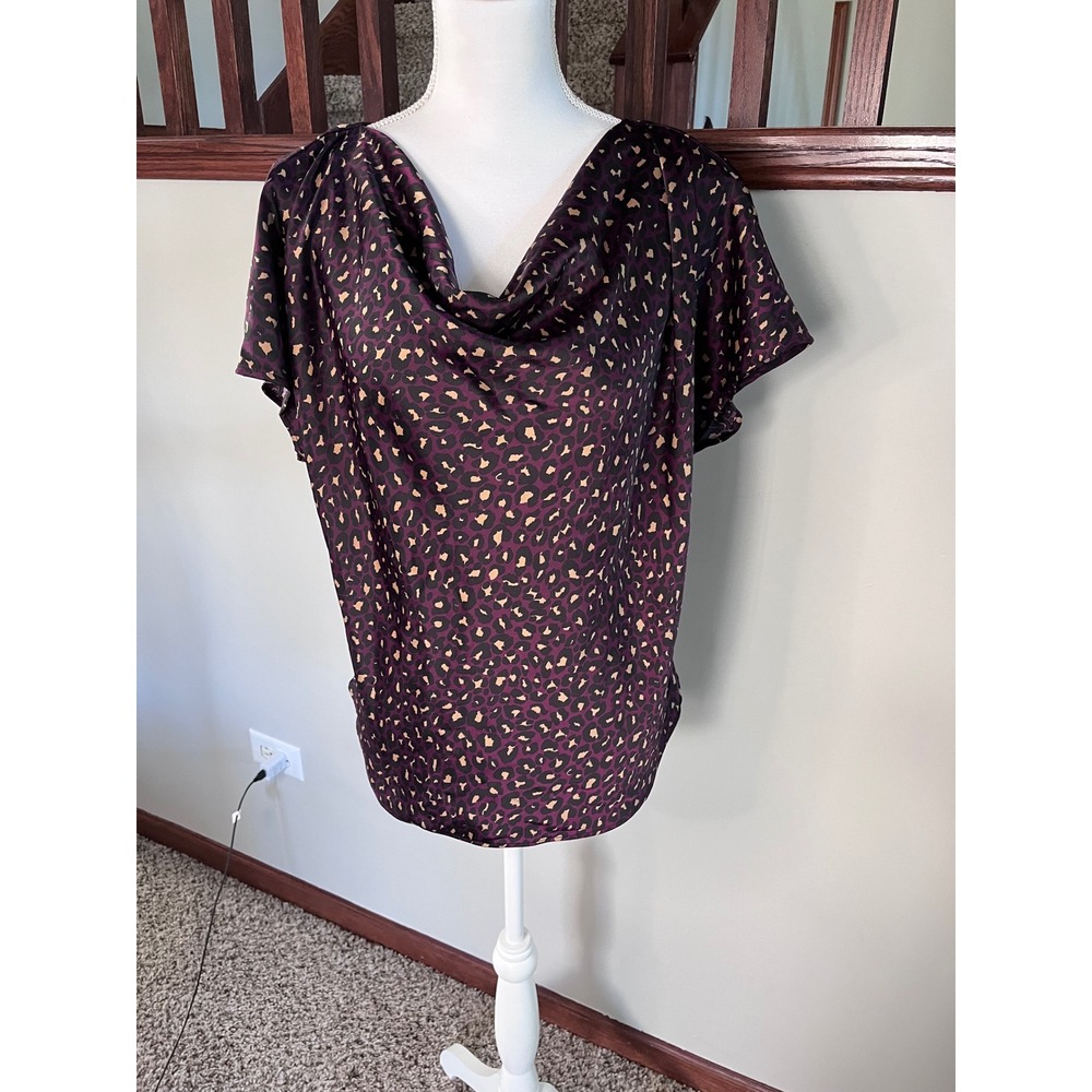 Anne Klein Purple Leopard Print Cowl Neck Blouse Short Sleeve Top Womens Medium
